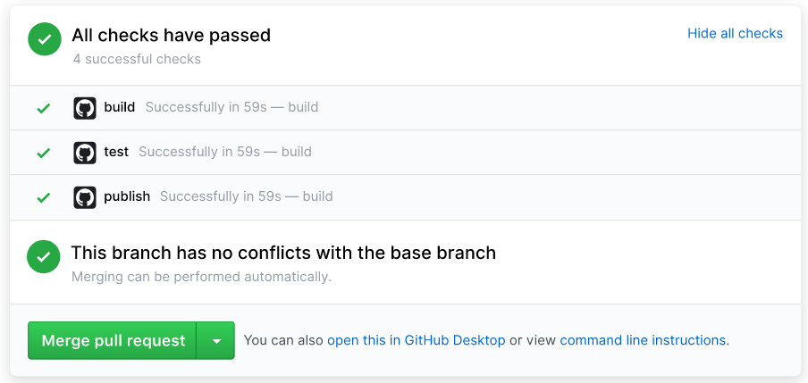 Checkmark green message from GitHub when a Travis CI build successfully passes:'This pull request can be automatically merged.'