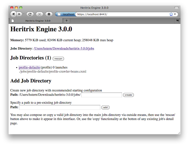 Screenshot of the Heritrix 3.0 GUI