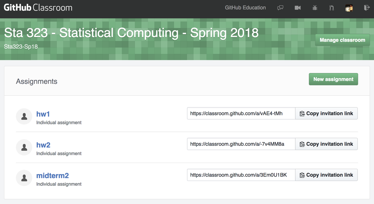 Screenshot of GitHub Classroom's assignment set up page from the teacher's point of view.