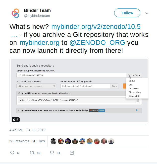 Tweet from Binder announcing integration with Zenodo.