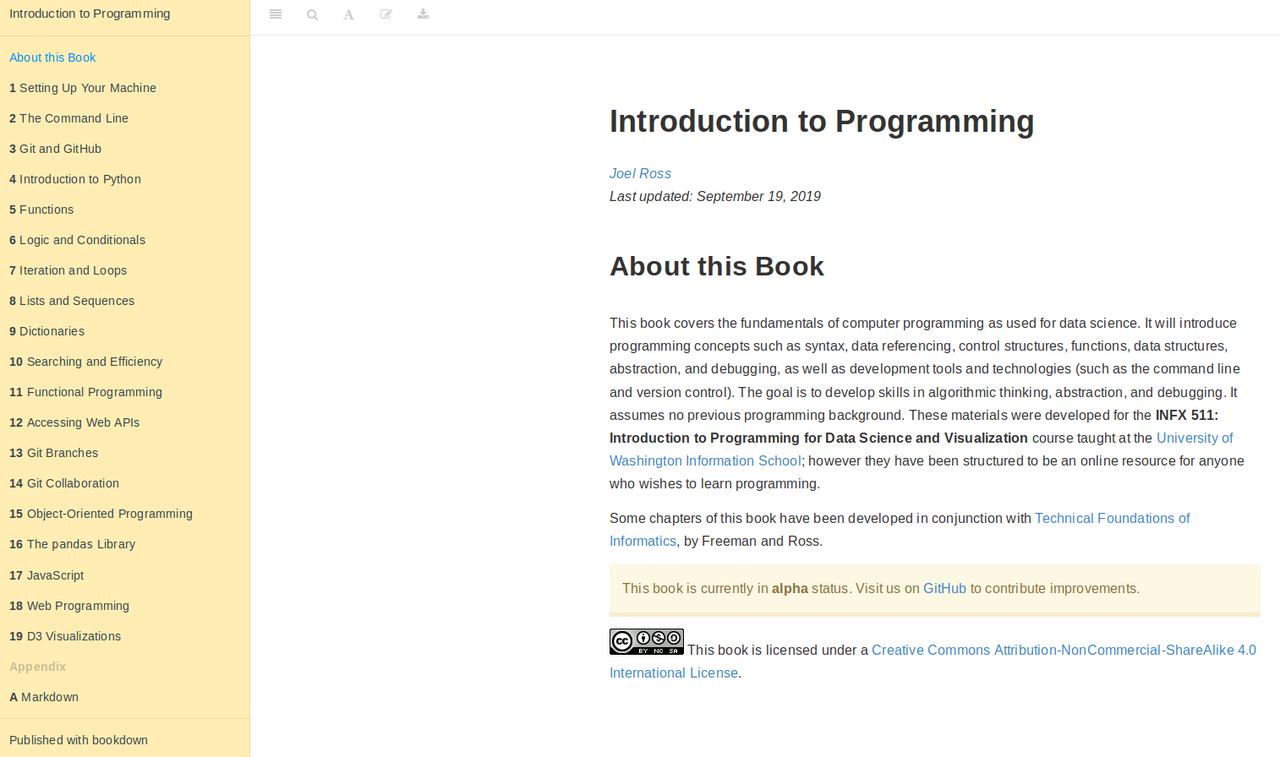 Screenshot of Bookdown for a textbook for an Intro to Programming course.