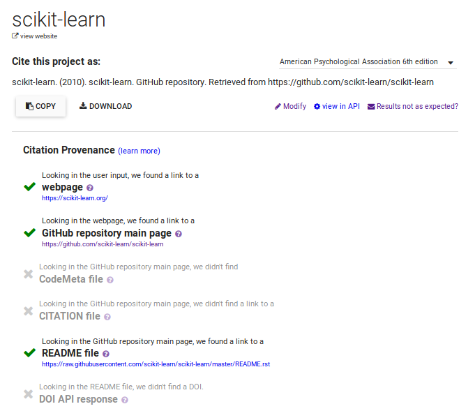 Screenshot from CiteAs after searching for the proper citation for the Python package, scikit-learn