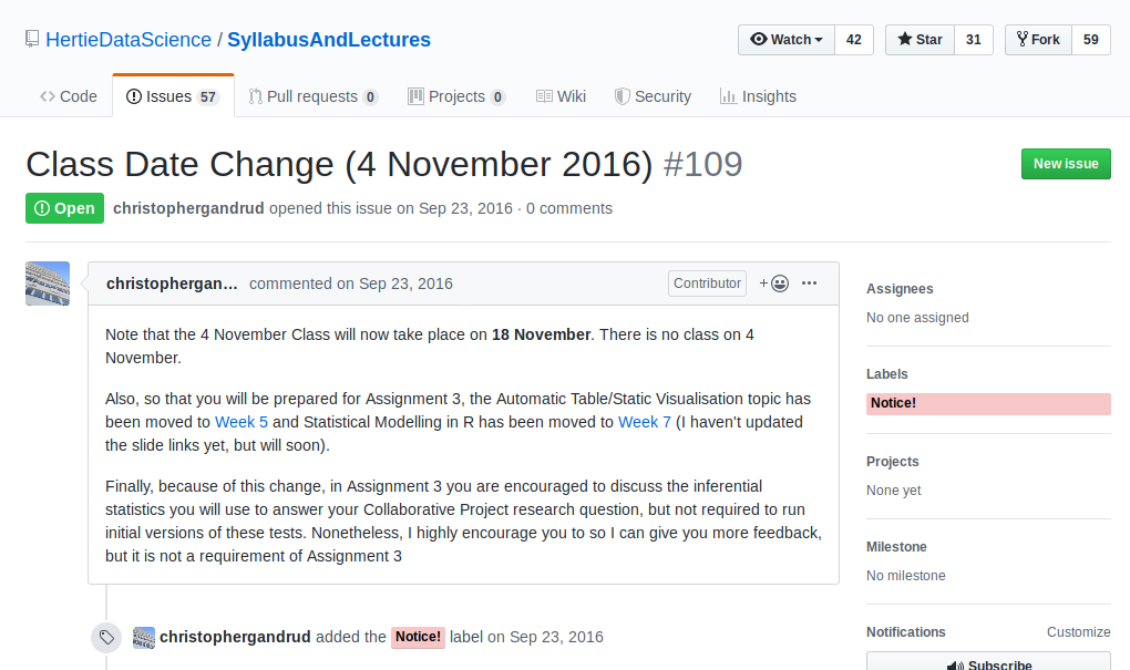 Screenshot of GitHub issue used as a notification of date changes on the syllabus.