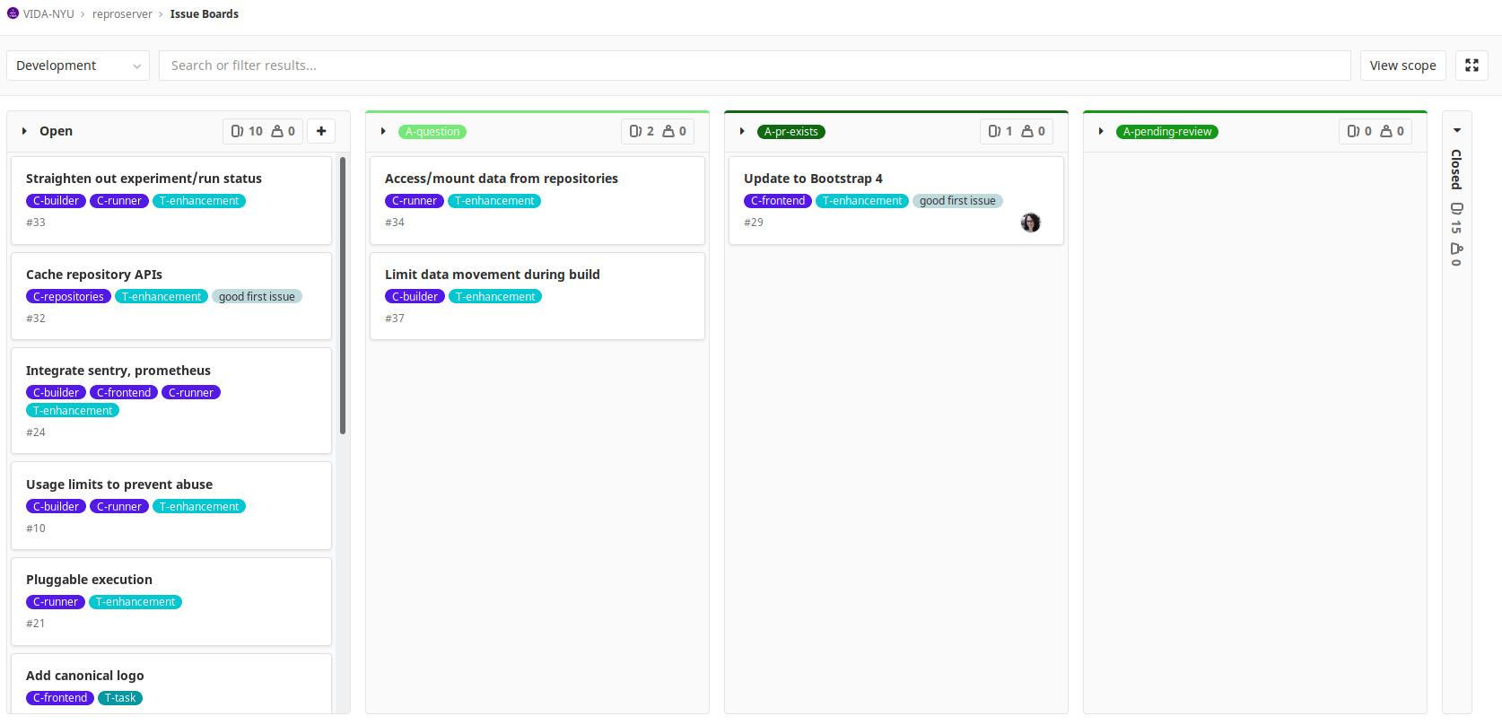 Screenshot of ViDA-NYUs GitLab repository Issue Boards page.